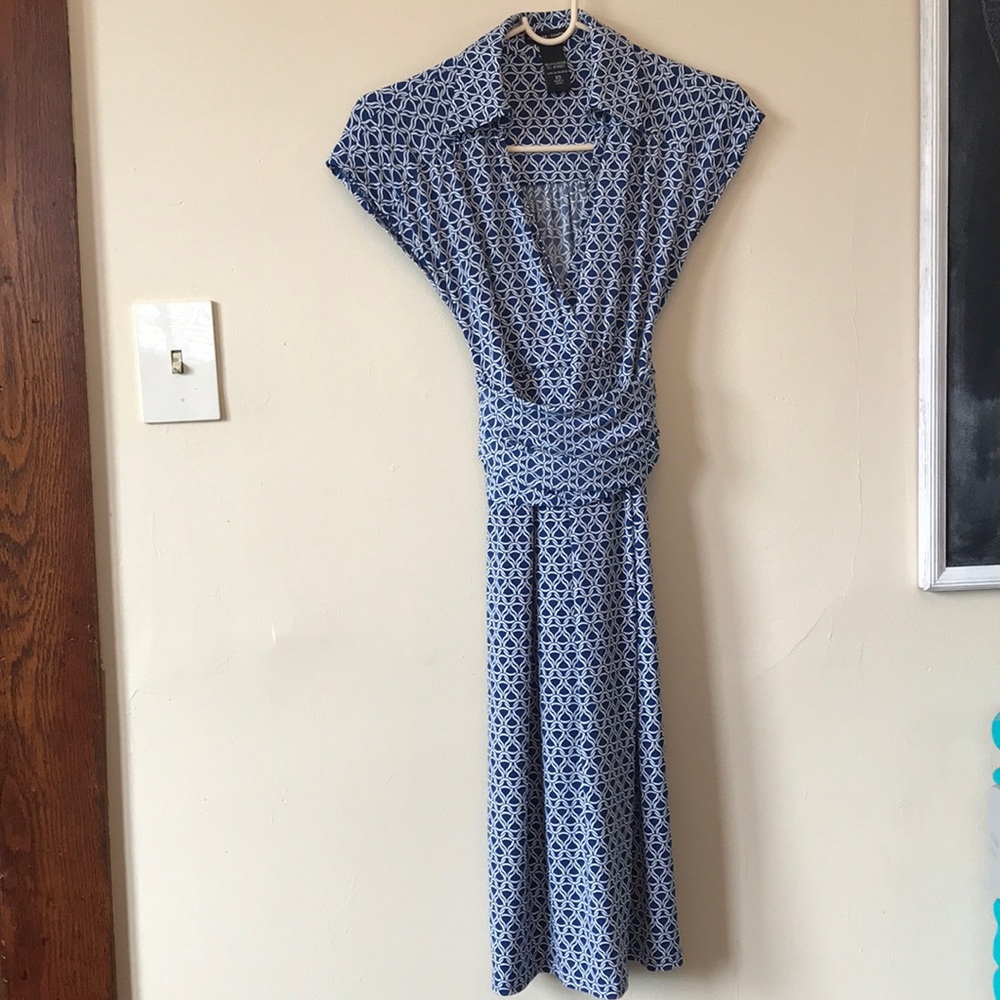 New York & Company Navy and White Midi Wrap Dress